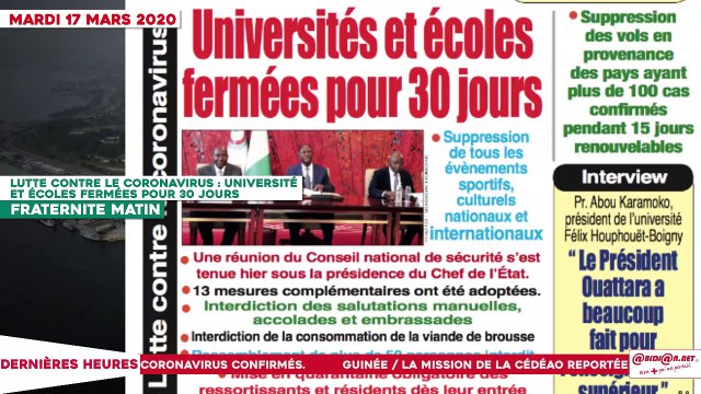 Le Titrologue du 17 mars 2020 : Lutte contre le coronavirus, universités et écoles fermées pour 30 jours