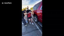 Hilarious moment friend dances while struggling to get in car post wisdom teeth removal in Utah