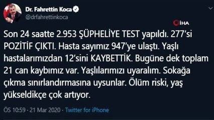 Bakan Koca: "Yaşlı hastalarımızdan 12'sini kaybettik. Bugüne dek toplam 21 can kaybımız var."
