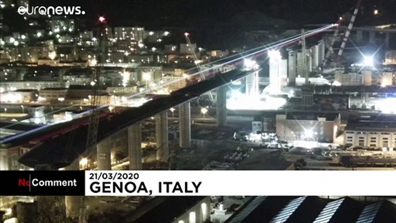 Genoa bridge illuminated with the colours of the Italian flag