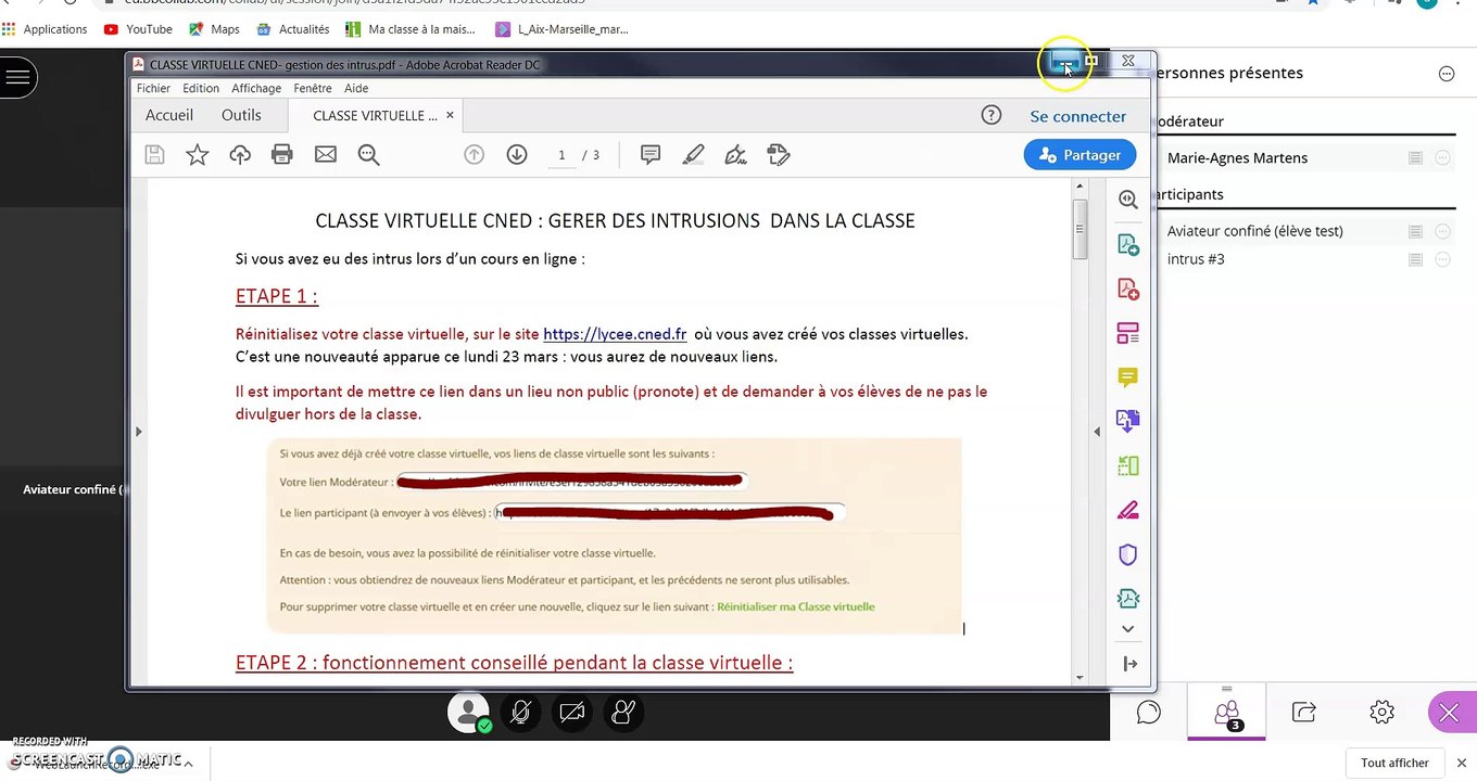 Gérer les intrusions dans la Classe virtuelle de Ma classe à la maison (CNED)