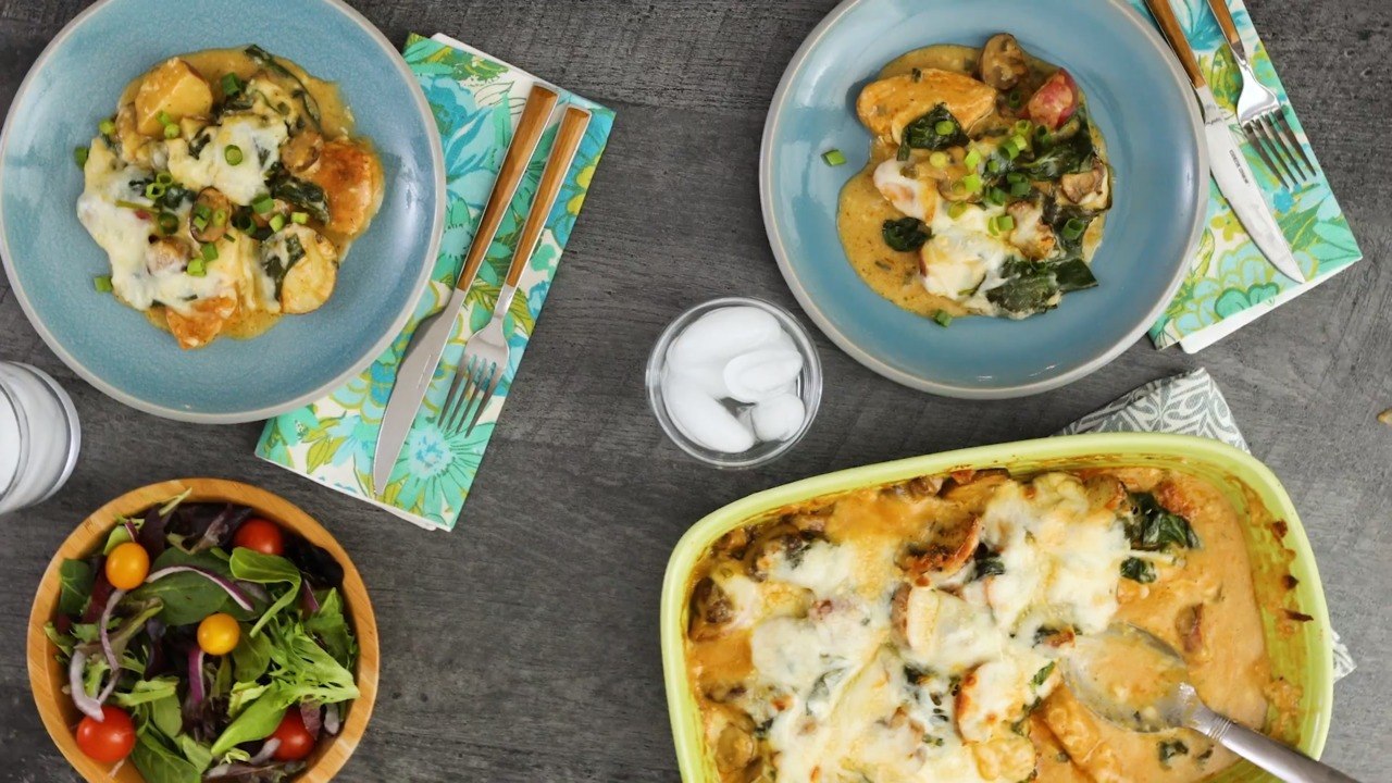 Smothered Chicken with Spinach, Potatoes, and Mushrooms