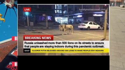 Putin che libera leoni per obbligare i russi a stare a casa