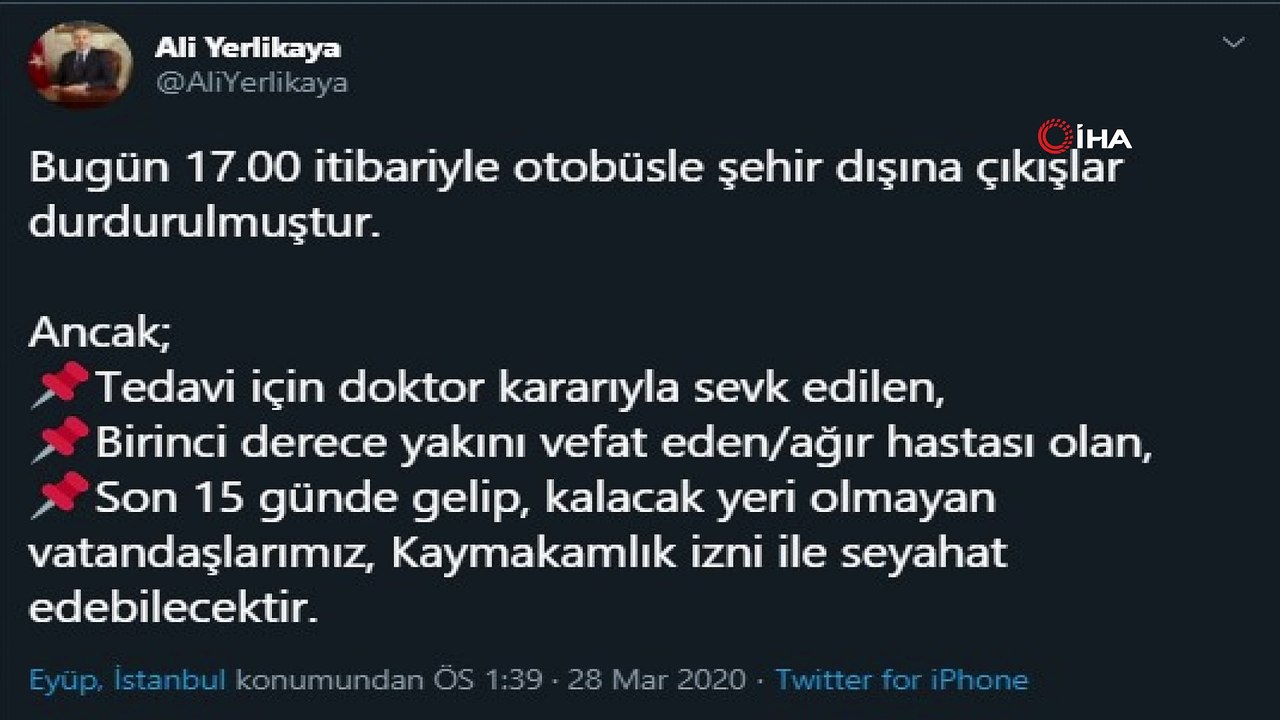 İstanbul Valisi Yerlikaya: 'Bugün 17.00 itibariyle otobüsle şehir dışına çıkışlar durdurulmuştur'