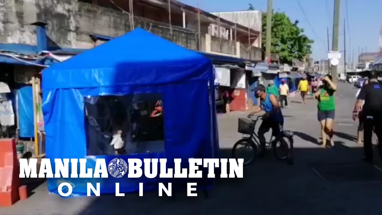 Market goers enter disinfection tent upon entering and leaving Cainta Public Market