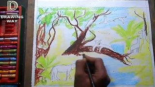 How to draw forest scenery with oil pastel (401)