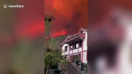 Thick smoke caused by huge mountain fire turns sky orange in China