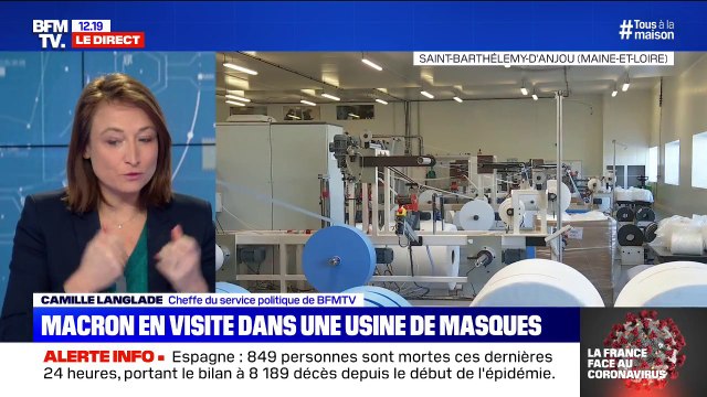 Emmanuel Macron vient d'arriver dans l'usine de masques de Saint-Barthélemy-d'Anjou en Maine-et-Loire