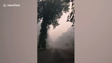 Drivers battle through thick clouds of smoke from forest fires in northern Thailand