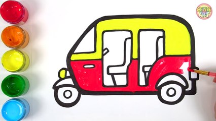 Let's learn to glitter Tuk Tuk Auto Rickshaw drawing and coloring for kids! - GENiEART