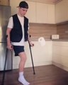 Amputee Juggles Toilet Paper Roll With One Foot While Balancing Himself on Crutches