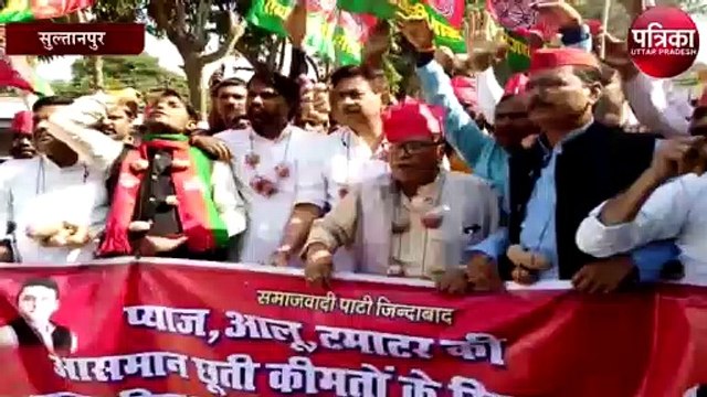 आलू की माला, प्याज की पगड़ी पहन सपाइयों ने मंहगाई के खिलाफ किया प्रदर्शन