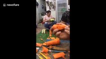Professional sculptor in Vietnam beautifully crafts carrots into a horse