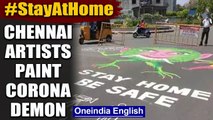 Coronavirus: Chennai artists spread awareness, paint 'Corona Demon' on the streets | Oneindia News