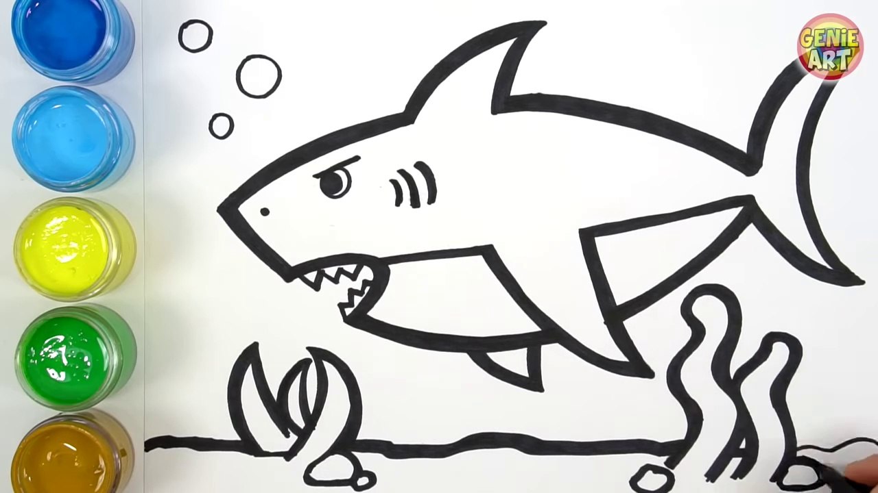 Let's learn to glitter Shark drawing and coloring, painting for kids - TOBiART -