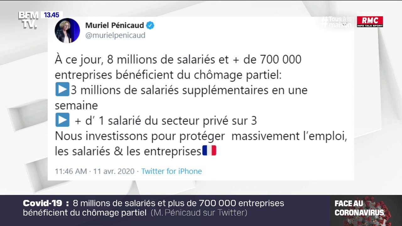 Coronavirus: Muriel Pénicaud annonce sur Twitter que "8 millions de salariés et 700.000 entreprises bénéficient du chômage partiel"