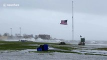 New York's Long Island battered by fierce winds seeing waves crash over seawall