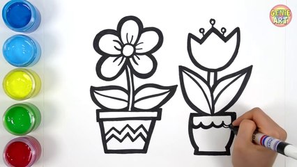 Let's learn to glitter Flower Pot drawing and coloring for kids! - GENiEART -