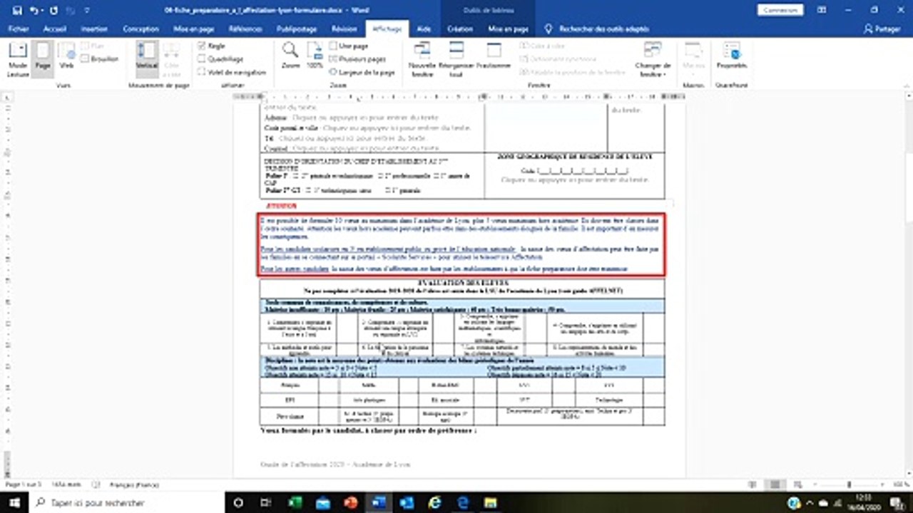 remplir fiche affelnet