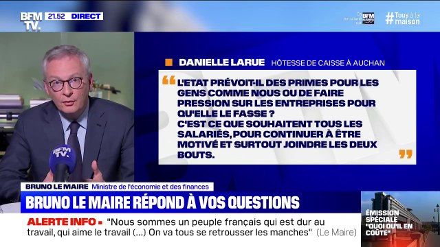 Bruno Le Maire annonce une prime totalement défiscalisée des entreprises pour leurs salariés pouvant aller jusqu'à 2000 euros