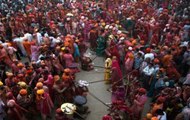 Barsana women celebrate Lathmar Holi with Nandgaon men in Mathura