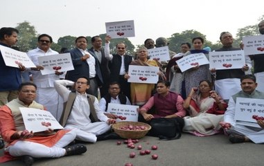 Congress MPs Stage Protest Over Soaring Price Of Onion At Parliament