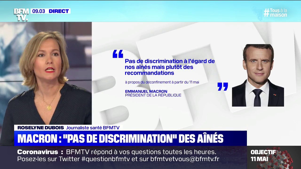 Déconfinement: Emmanuel Macron déclare qu'il n'y aura "pas de discrimination, mais plutôt des recommandations" à l'égard des aînés