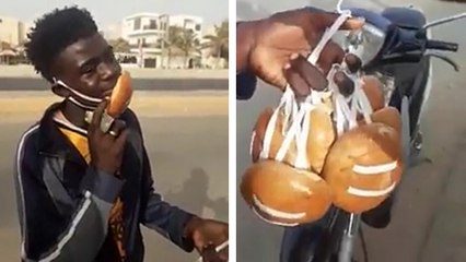 Il vend dans la rue des masques fabriqués avec des pains au lait