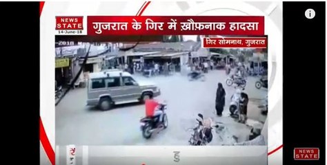 गुजरात: अनियंत्रित कार ने बाइक को मारी टक्कर, CCTV में कैद