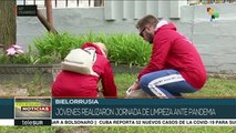 Bielorrusia: jóvenes limpian y desinfectan espacios públicos en Minsk