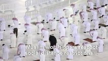 Mecca worshippers adhere to physical distancing during Ramadan prayers
