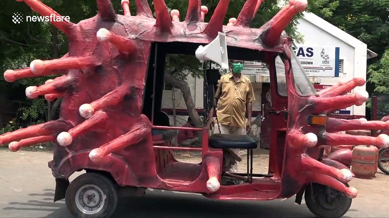 Indian artist designs COVID-19-themed rickshaw to raise awareness about the pandemic