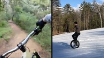 Mountain Biker Cruises Down Trail & Hitting The Slopes...On A Unicycle?