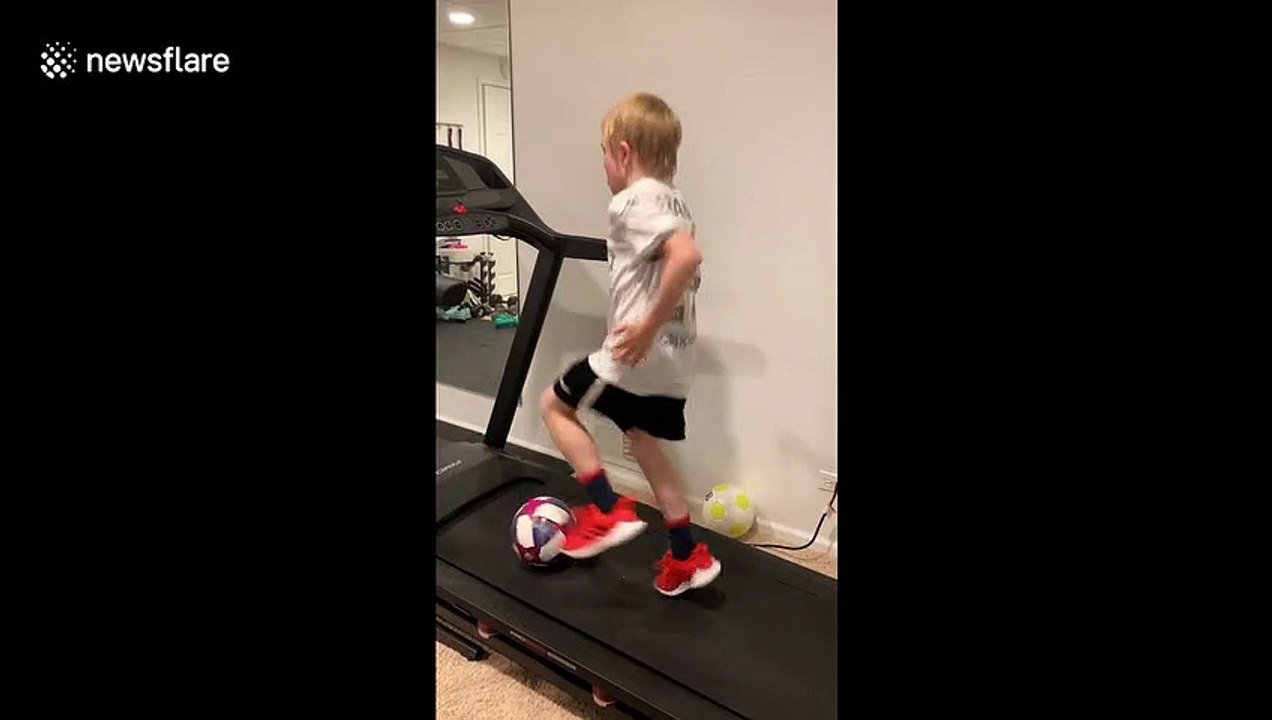 US kid showcases unbelievable football skills on treadmill