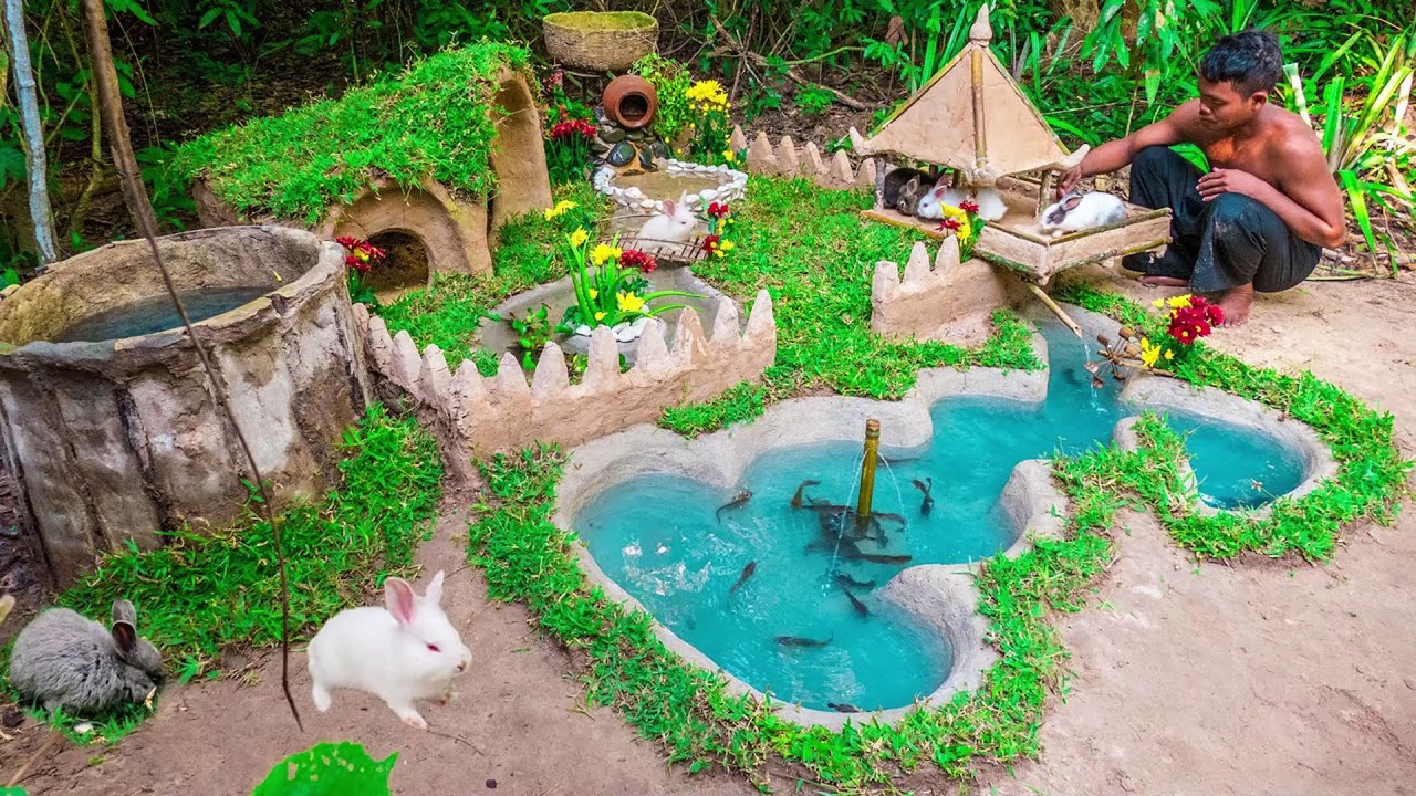 Building Rabbit Fish Pond with Mud Rabbit House And Raising Catfish