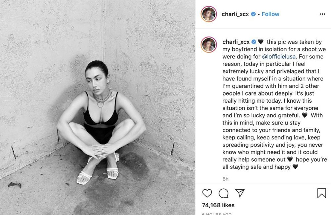 Charli XCX feels 'lucky' to be self-isolating with her boyfriend