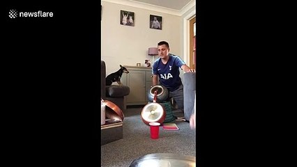 Man has great reaction after making seemingly impossible ping pong ball shot