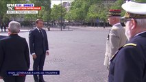 8-mai: Emmanuel Macron est arrivé sur la place de l'Étoile pour les commémorations