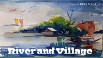How to draw  scenery of river side village