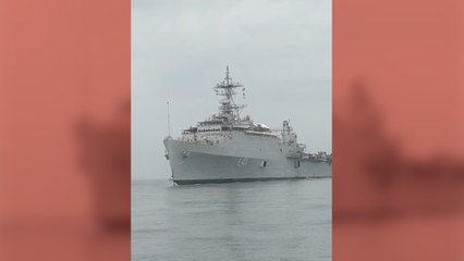 First glimpses of INS Jalashwa entering Kochi Harbour