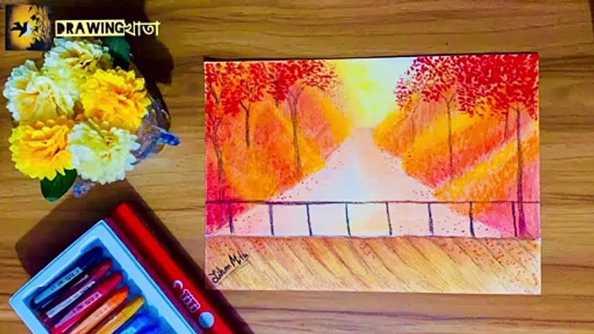 Beautiful landscape drawing | how to draw simple landscapes with oil pastel | beautiful scenery drawing for beginners