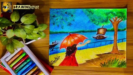 Rainy day drawing | how to draw rainy season with oil pastel | how to draw girls with umbrella