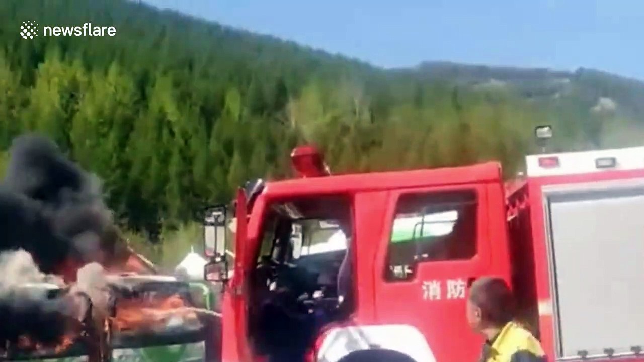 Six buses burned in huge fire after travel agency employee drops cigarette in one vehicle