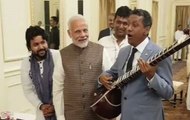 Seychelles President Danny Faure strums sitar at lunch hosted by PM Modi