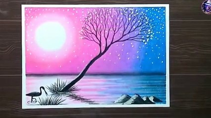 Download Video: Easy trick a beautiful purple moonlight scenery drawing ||oil pastel tutorial  step by step