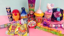 Mixing crazy candy, slime candy, chocolate, lollipop, opening toy candy dispensers