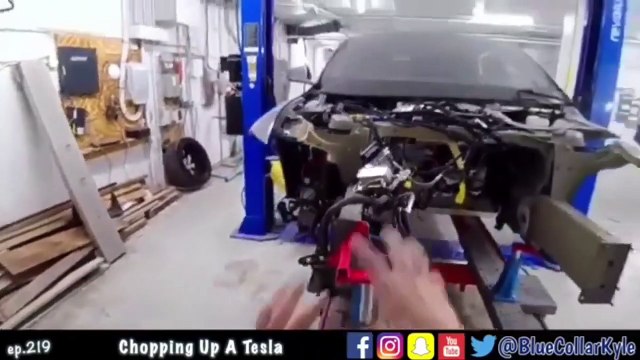 Blue Collar Kyle with Tesla Model S, collision repair with Celette car frame machine