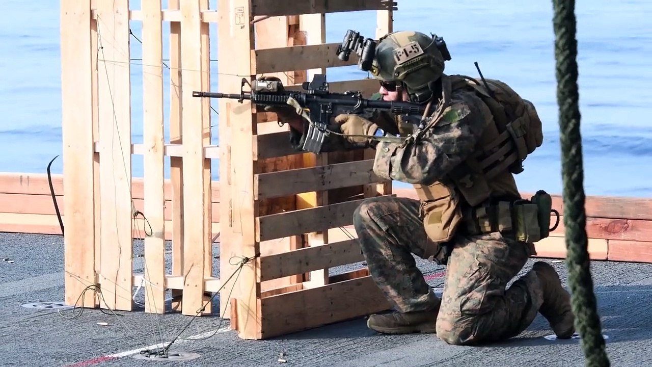 US Marines - Maritime Raid Force - Fast Rope Exercise Aboard Amphibious Assault Ship USS America