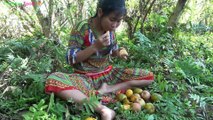 Primitive life - Ethnic girl looking for food to meet fruit & meeting Forest People in a wild forest