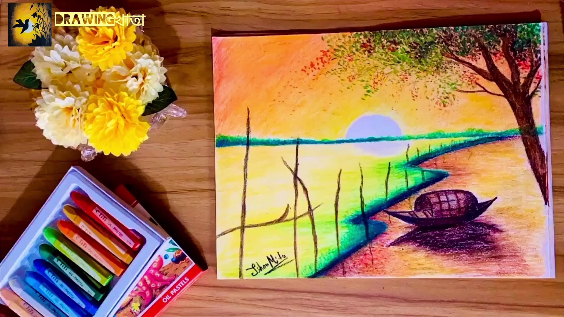 Simple sunset scenery | how to draw simple sunset scenery | sunset  landscapes drawing with oil pastel - video Dailymotion